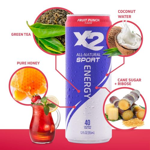  X2 All Natural Sport Hydrating Energy Drink: Great Tasting Non-Carbonated Sports Drinks with Coconut Water  9 Grams of Sugar, 40 Calories - No Artificial Ingredients - Fruit Punch