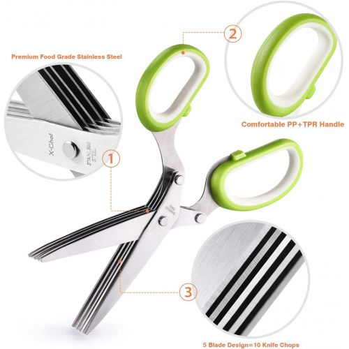  [아마존베스트]Herb Scissors, X-Chef Multipurpose 5 Blade Kitchen Herb Shears Herb Cutter with Safety Cover and Cleaning Comb for Chopping Basil Chive Parsley, Stainless Steel