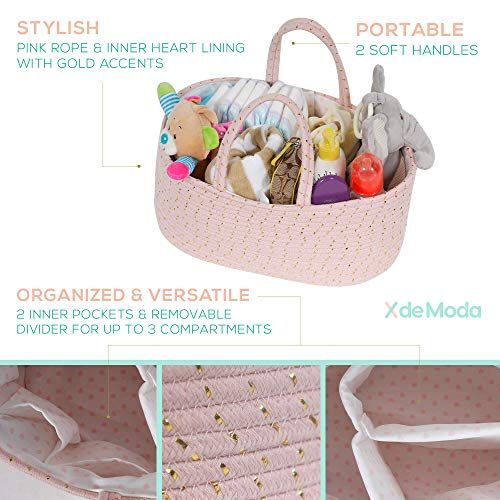  XdeModa Baby Rope Diaper Caddy Organizer - Premium Large Hand Woven Pink Rope Organizer with Gold Accents. Great Storage Organization Basket for Newborn Diapers. Great Nursery Decor or Por