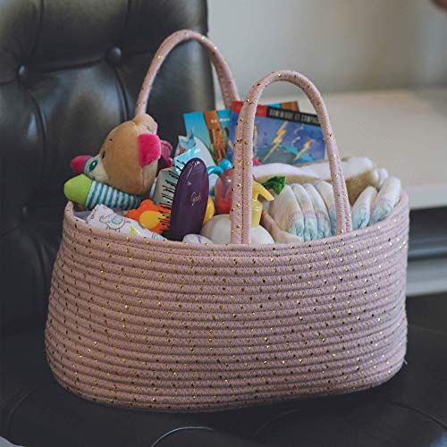  XdeModa Baby Rope Diaper Caddy Organizer - Premium Large Hand Woven Pink Rope Organizer with Gold Accents. Great Storage Organization Basket for Newborn Diapers. Great Nursery Decor or Por