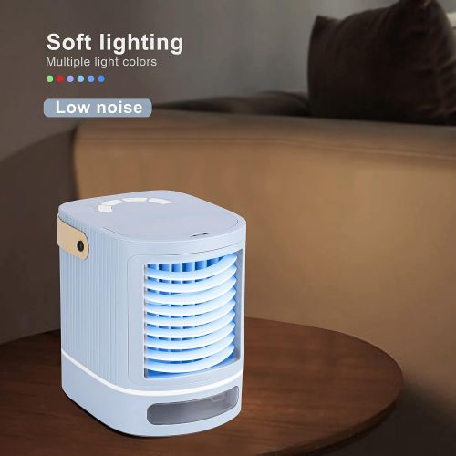  XDS Mini Portable Air Conditioner, Small Personal Air Cooler, One Free Essential Oil, USB Air Cooler Fan with Humidifier, 3 speeds, 6 Colors Night Light, 675ml Water Tank (Blue)
