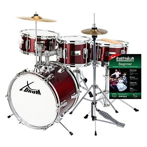  [아마존베스트]XDrum Junior Lipstick Red Compact Junior Set Suitable from 3-6 Years  Easy to Assemble  Includes Stool, HiHat, Cymbals, Sticks, School and Tuning Keys  Red