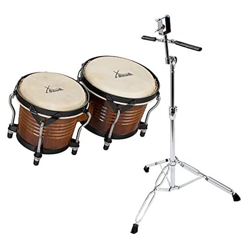  [아마존베스트]XDrum Bongo Pro Vintage Tobacco Set with Stand (6.5 Macho and 7.5 Hembra Wood Percussion Wood Bongo Natural Skin Drum with Chrome Tripod