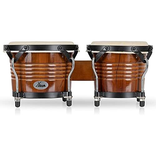  [아마존베스트]XDrum Bongo Pro Vintage Tobacco Set with Stand (6.5 Macho and 7.5 Hembra Wood Percussion Wood Bongo Natural Skin Drum with Chrome Tripod