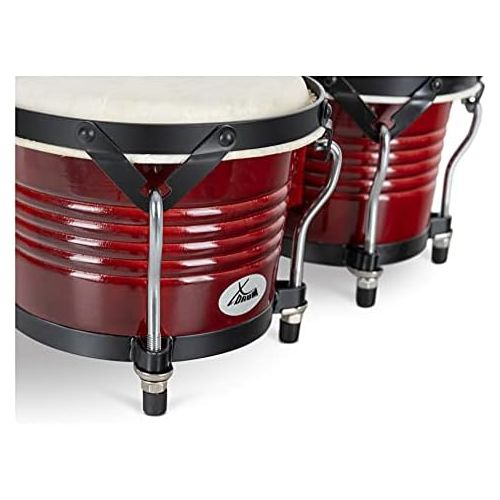  [아마존베스트]XDrum Bongo Pro Vintage Wine Red Set with Stand (6.5 Macho and 7.5 Hembra Wood Percussion Wood Bongo Natural Skin Drum with Chrome Tripod