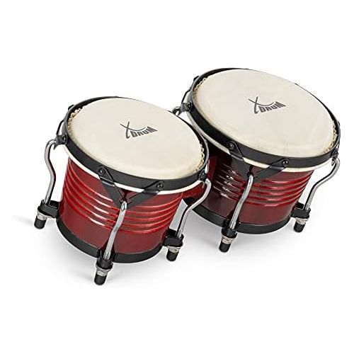  [아마존베스트]XDrum Bongo Pro Vintage Wine Red Set with Stand (6.5 Macho and 7.5 Hembra Wood Percussion Wood Bongo Natural Skin Drum with Chrome Tripod