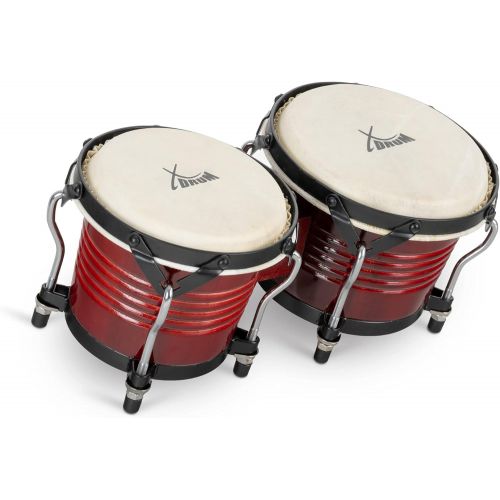  [아마존베스트]XDrum Bongo Pro Vintage Wine Red Set with Stand (6.5 Macho and 7.5 Hembra Wood Percussion Wood Bongo Natural Skin Drum with Chrome Tripod