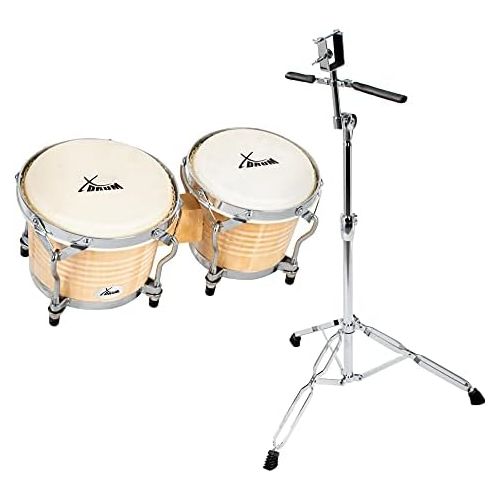  [아마존베스트]XDrum Bongo Pro Vintage Natural Set with Stand (6.5 Macho and 7.5 Hembra Wood Percussion Wood Bongo Natural Skin Drum with Chrome Tripod