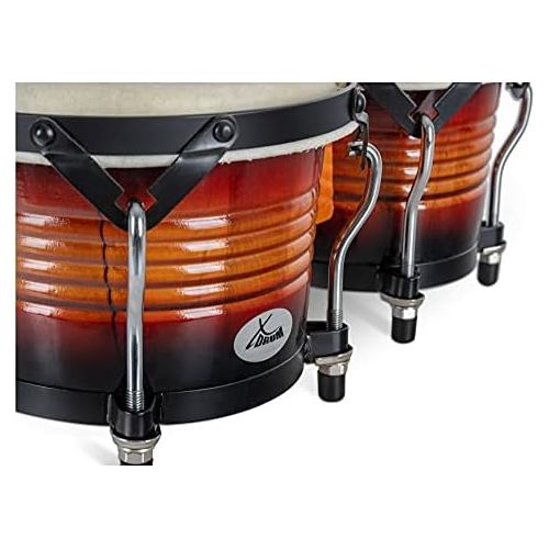 [아마존베스트]XDrum Bongo Pro Vintage Sunburst Set with Stand (6.5 Macho and 7.5 Hembra Wood Percussion Wood Bongo Natural Skin Drum with Chrome Tripod