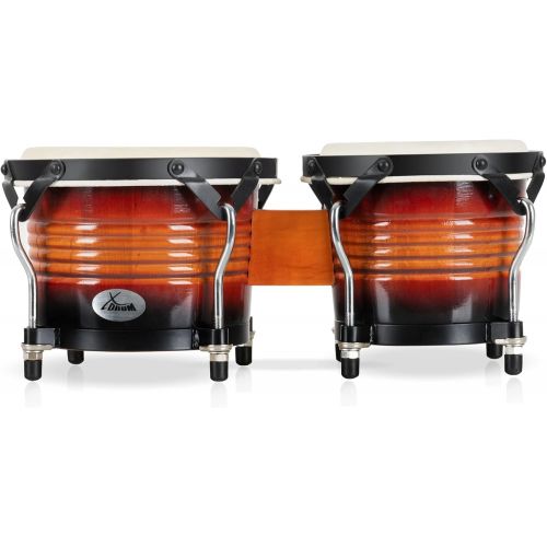  [아마존베스트]XDrum Bongo Pro Vintage Sunburst Set with Stand (6.5 Macho and 7.5 Hembra Wood Percussion Wood Bongo Natural Skin Drum with Chrome Tripod