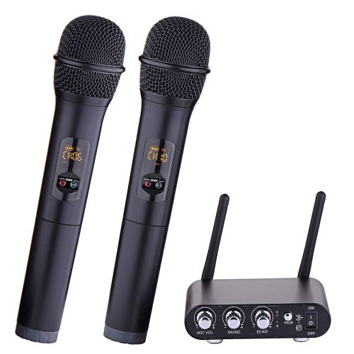  UHF Wireless Microphone, XG-WIN Handheld Dual Channel Wireless Microphone System with 2 Headsets and Mini Portable Receiver, for ChurchHome PartyKaraokeBusiness Meeting