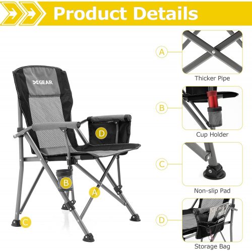  XGEAR Camping Chair Portable Camp Chair with Padded Hard Armrest, Folding Chair with Mesh Back, Support to 400 lbs (Grey)