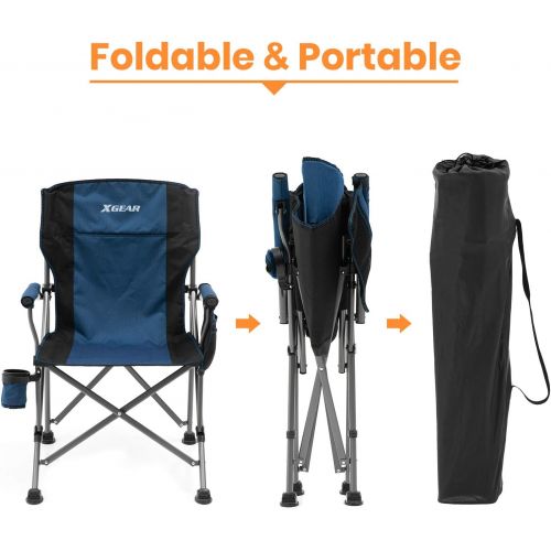  XGEAR Camping Chair with Padded Hard Armrest, Sturdy Folding Camp Chair with Cup Holder, Storage Pockets Carry Bag Included, Support to 400 lbs(Blue)