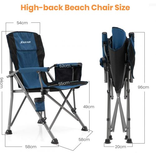  XGEAR Camping Chair with Padded Hard Armrest, Sturdy Folding Camp Chair with Cup Holder, Storage Pockets Carry Bag Included, Support to 400 lbs(Blue)
