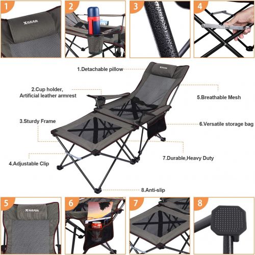  XGEAR 2 in 1 Folding Camping Chair Portable Lounge Chair with Detachable Table for Camping Fishing Beach and Picnics (Grey)