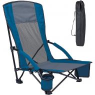XGEAR High Back Low Seat Folding Beach Chair with Cup Holder and Carry Bag, Mesh Back Sand Chair for Beach, Lawn, Camping, Travel, Support Up to 300 lbs (1chair Blue)
