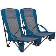 XGEAR Low Seat Lightweight Folding Beach Chair for Adults with Carry Bag, High Back Mesh Back Sand Chair for Beach, Lawn, Camping, Travel, Support Up to 300 lbs (2chairs Blue)