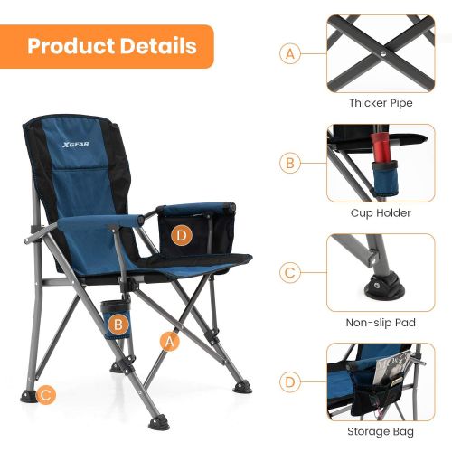  XGEAR Camping Chair with Padded Hard Armrest, Sturdy Folding Camp Chair with Cup Holder, Storage Pockets Carry Bag Included, Support to 400 lbs(Blue)