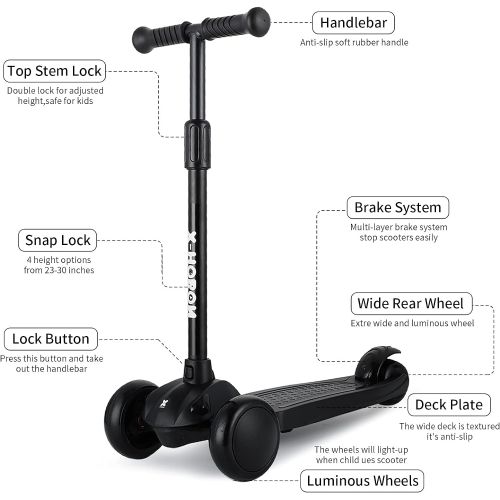  X-HOBON Scooter for Kids Ages 3-5&6-10,Toddler Scooter for Girls Boys,Kids Scooter 3 Wheel,4 Heights Adjustable Handlebar,Light up,Foldable,Wide Wheel