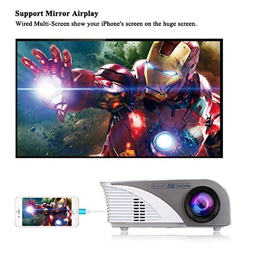  Video Projector(Warranty Included),XINDA Wired Mirror Screen for iPhone Projector LCD 1200 Lumens Mini Multi-media Portable Home Projector Movie Projector with Free HDMI Cable -Whi