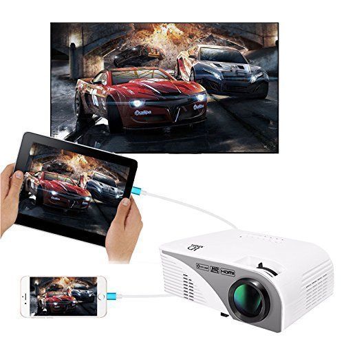  Video Projector(Warranty Included),XINDA Wired Mirror Screen for iPhone Projector LCD 1200 Lumens Mini Multi-media Portable Home Projector Movie Projector with Free HDMI Cable -Whi