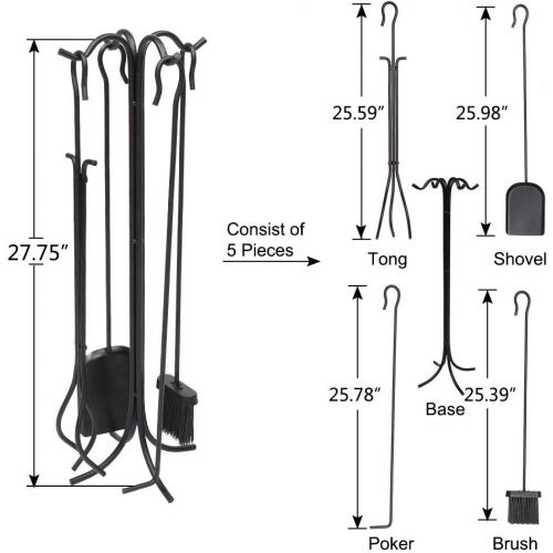  XINYI Fireplace Toolset Stove Tool, 5 in 1 Stove Tool Hook Bracket, Indoor Wrought Iron Fire Set Fire Place Pit Large Poker Wood Stove Log Firewood Tongs Holder Tools Kit