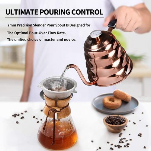  XIRGS Pour Over Coffee Kettle, 1.2L/40oz Gooseneck Kettle with Thermometer for Exact Temperature, Surgical-Stainless Steel French Press Tea Kettle for Stove Top (Copper Coated)