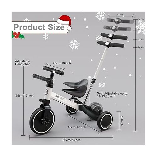 XJD 7 in 1 Toddler Bike with Push Handle,Tricycles for 1 to 3 Years Old, Toddler Tricycle with Push Handle for Boy Girl, Baby Bike Balance Bike with Adjustable Seat Height and Removable Pedal