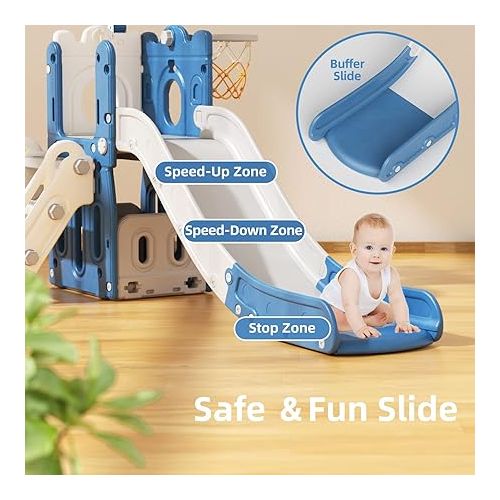  XJD 7 in 1 Toddler Slide Set, Kids Slide for Toddlers Age 1+, Toddler Climber Slide PlaySet with Basketball Hoop and Ball,Outdoor Indoor Playground for Toddlers 1-3 (Small Blue01)