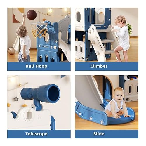  XJD 5 in 1 Toddler Slide, Kids Slide for Toddlers Age 1-3, Outdoor Indoor Playset for Toddlers with Basketball Hoop and Ball, Toddler Playground Storage Space and Non-Slip Steps Telescope (Blue)