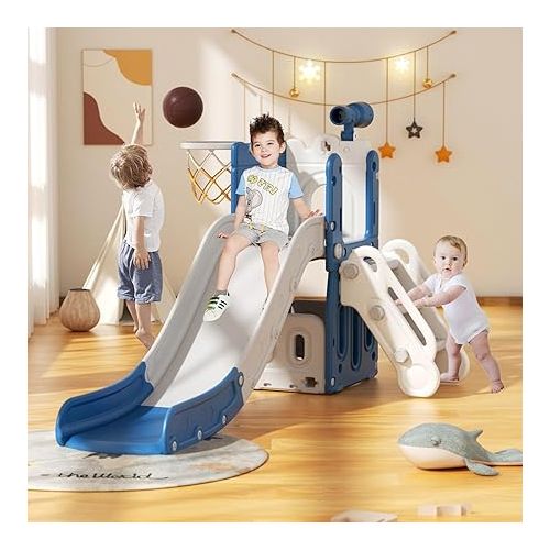  XJD 5 in 1 Toddler Slide, Kids Slide for Toddlers Age 1-3, Outdoor Indoor Playset for Toddlers with Basketball Hoop and Ball, Toddler Playground Storage Space and Non-Slip Steps Telescope (Blue)