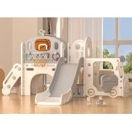 XJD 10 in 1 Toddler Slide, Kids Slide for Toddlers Age 1+, Toddler Play Climber Slide Playset with Basketball Hoop and Ball,Toddlers Outdoor Indoor Playground (Beige+Grey, Large)