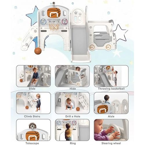  XJD 10 in 1 Toddler Slide, Kids Slide for Toddlers Age 1+, Toddler Play Climber Slide Playset with Basketball Hoop and Ball,Toddlers Outdoor Indoor Playground (Beige+Grey, Large)