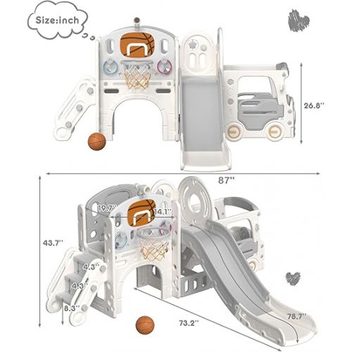  XJD 10 in 1 Toddler Slide, Kids Slide for Toddlers Age 1+, Toddler Play Climber Slide Playset with Basketball Hoop and Ball,Toddlers Outdoor Indoor Playground (Beige+Grey, Large)