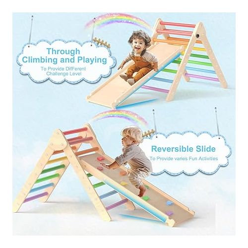  XJD 7 in 1 Pikler Triangle Set, Foldable Climbing Toys for Toddlers, Toddler Indoor Playground for 1-6 Years, with Ramp Sliding or Climbing, Rocker, Wooden Climbing Set (5-1-Colorful)