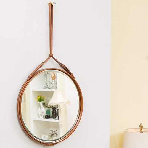  XJHOME-Mirrors Leather Wall Mirror Round with Hanging Strap Wall-Mounted Vanity Mirrors Make-up Large Clean Cosmetic Mirror for Living Room Bathroom