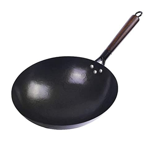  XJMXLL Wok 14 Inch Non Stick Frying Wok Kitchen Wok Pan Chinese Iron Gas Stoves for Cooking Convenient Solid Wood Handle