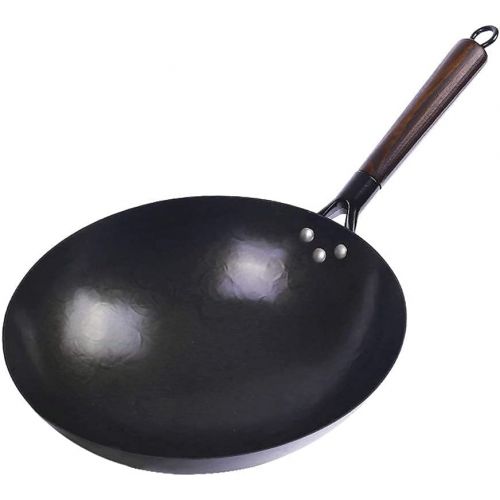  XJMXLL Wok 14 Inch Non Stick Frying Wok Kitchen Wok Pan Chinese Iron Gas Stoves for Cooking Convenient Solid Wood Handle