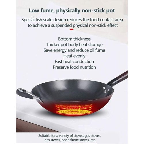  XJMXLL Wok 14 Inch Non Stick Frying Wok Kitchen Wok Pan Chinese Iron Gas Stoves for Cooking Convenient Solid Wood Handle