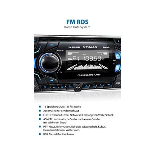  [아마존베스트]-Service-Informationen XOMAX XM-2CDB620 Car Radio with CD Player I Bluetooth Hands-Free Kit I 3 Colours Adjustable (Red, Blue, Green) I USB, Micro SD, AUX I Connection for 2x Subwoofer I 2 DIN