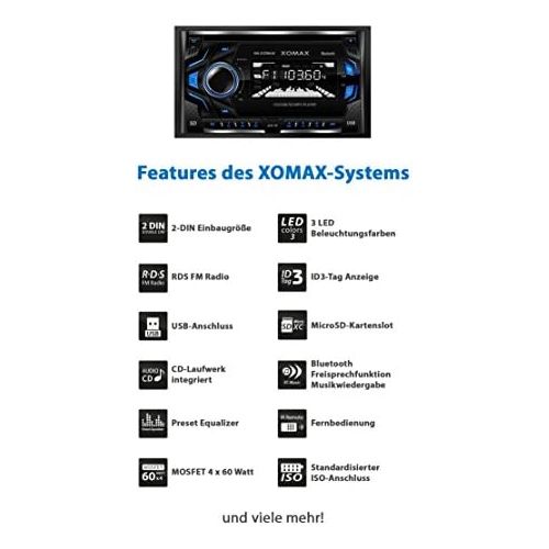  [아마존베스트]-Service-Informationen XOMAX XM-2CDB620 Car Radio with CD Player I Bluetooth Hands-Free Kit I 3 Colours Adjustable (Red, Blue, Green) I USB, Micro SD, AUX I Connection for 2x Subwoofer I 2 DIN