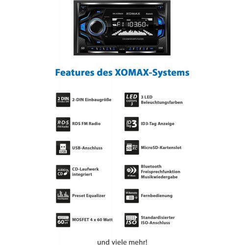  [아마존베스트]-Service-Informationen XOMAX XM-2CDB620 Car Radio with CD Player I Bluetooth Hands-Free Kit I 3 Colours Adjustable (Red, Blue, Green) I USB, Micro SD, AUX I Connection for 2x Subwoofer I 2 DIN