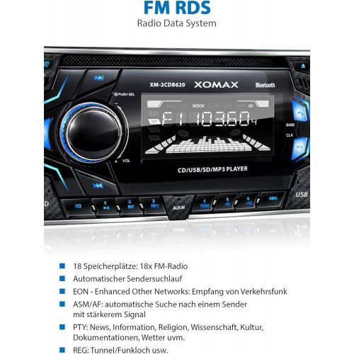  [아마존베스트]-Service-Informationen XOMAX XM-2CDB620 Car Radio with CD Player I Bluetooth Hands-Free Kit I 3 Colours Adjustable (Red, Blue, Green) I USB, Micro SD, AUX I Connection for 2x Subwoofer I 2 DIN