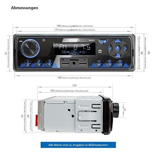  [아마존베스트]-Service-Informationen XOMAX XM-R277 Car Radio with Bluetooth Handsfree FM 7 Lighting Colours Mobile Phone Charging via 2nd USB Port USB SD MP3 AUX-IN 1 DIN