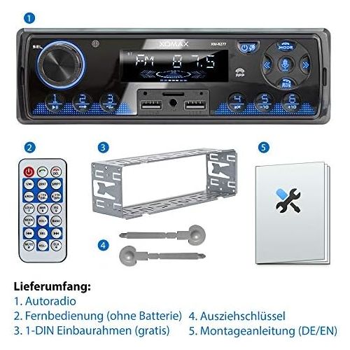  [아마존베스트]-Service-Informationen XOMAX XM-R277 Car Radio with Bluetooth Handsfree FM 7 Lighting Colours Mobile Phone Charging via 2nd USB Port USB SD MP3 AUX-IN 1 DIN