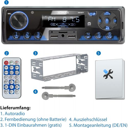  [아마존베스트]-Service-Informationen XOMAX XM-R277 Car Radio with Bluetooth Handsfree FM 7 Lighting Colours Mobile Phone Charging via 2nd USB Port USB SD MP3 AUX-IN 1 DIN