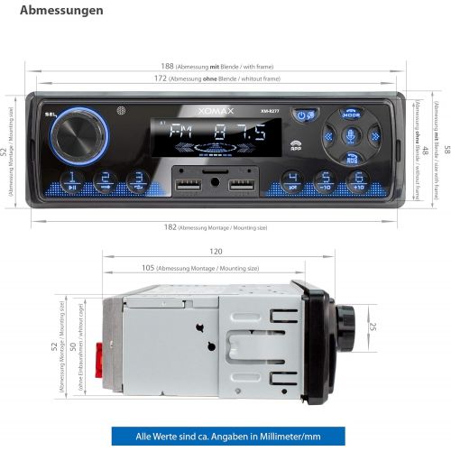  [아마존베스트]-Service-Informationen XOMAX XM-R277 Car Radio with Bluetooth Handsfree FM 7 Lighting Colours Mobile Phone Charging via 2nd USB Port USB SD MP3 AUX-IN 1 DIN