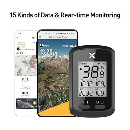  XOSS G+ GPS Bike Computer ANT+ with 2 Smart Cadence Sensor, Bluetooth Cycling Computer, Wireless Bicycle Speedometer Odometer, Waterproof MTB Tracker Fits All Bikes (Support Heart Rate Monitor)