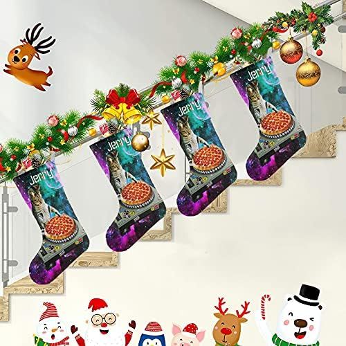  XOZOTY Personalized Christmas Stocking Cat and Pizza Custom Name Socks Xmas Tree Fireplace Hanging Party Decor Gift 17.52 x 7.87 Inch