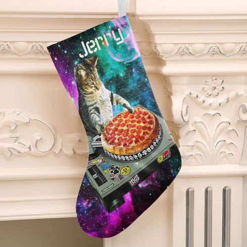  XOZOTY Personalized Christmas Stocking Cat and Pizza Custom Name Socks Xmas Tree Fireplace Hanging Party Decor Gift 17.52 x 7.87 Inch